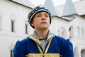 Portrait boy in national russian suit in Kremlin Rostov Great