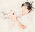 Portrait of a boy playing the trumpet Royalty Free Stock Photo