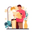 A portrait of a boy reading a map with a shopping bag in his arm, flat design concept. vector illustration Royalty Free Stock Photo