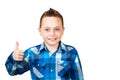 Portrait boy, wearing blue shirt, point finger up. Isolated on white background Royalty Free Stock Photo