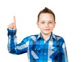 Portrait boy, wearing shirt, point finger up. Isolated on white background Royalty Free Stock Photo