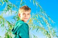 Portrait of a boy on a willow sitting on a tree close-up