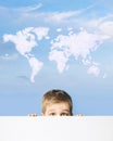 Portrait of a boy with world map above head Royalty Free Stock Photo
