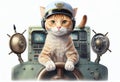 Portrait of a brave cat captain of the ship. AI genarated