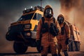 Portrait of the Brave Firefighter in gas mask Smiling on Camera. In the Background Firemen Rescue Team all terrain SUV.
