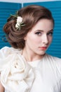 Portrait of the bride with big beautiful eyes on blue background