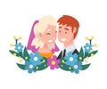 Portrait of bride and groom standing behind a wreath cartoon vector illustration