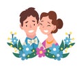 Portrait of bride and groom standing behind a wreath cartoon vector illustration