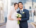 Portrait, bride and groom at wedding in city outdoors happy to start a happy marriage journey together. Smile, save the