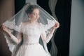 Portrait of the bride in a lace wedding dress and a long veil. The girl looks at her outfit, her hair is decorated with