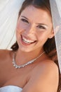 Portrait, bride and woman with a smile, beauty and wedding day with event, excited and dress. Face, person and girl with