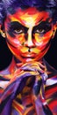 Portrait of the bright beautiful girl with painting art colorful make-up on face and bodyart. Creative vertical ads