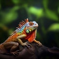 Portrait Of Bright Colorful Iguana In Rainforest on Branch. Exotic Reptile, Wild Animal Royalty Free Stock Photo