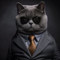 Portrait of a British Shorthair cat in a formal suit and glasses. Generate AI. Royalty Free Stock Photo