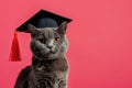Portrait of British Shorthair gray cat wearing black graduation cap on red background with copy space. Graduation ceremony.