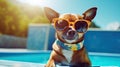 Portrait of brown chihuahua dog wearing sunglasses sitting by swimming pool Royalty Free Stock Photo