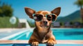 Portrait of brown chihuahua dog wearing sunglasses sitting by swimming pool