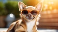 Portrait of brown chihuahua dog wearing sunglasses sitting by swimming pool