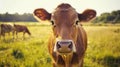 Portrait of a brown cow in the fields Royalty Free Stock Photo