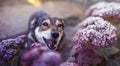 Portrait of brown cute dog sitting in autumn a garden among lilac flowers covered with brilliant crystals of frost on a Sunny