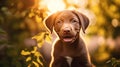 Portrait of brown cute Happy Labrador retriever puppy with sunset bokeh foliage abstract background. Adorable smile dog head shot