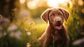 Portrait of brown cute Happy Labrador retriever puppy with sunset bokeh foliage abstract background. Adorable smile dog head shot Royalty Free Stock Photo