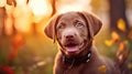 Portrait of brown cute Happy Labrador retriever puppy with sunset bokeh foliage abstract background. Adorable smile dog head shot