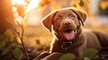 Portrait of brown cute Happy Labrador retriever puppy with sunset bokeh foliage abstract background. Adorable smile dog head shot Royalty Free Stock Photo