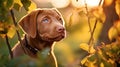 Portrait of brown cute Happy Labrador retriever puppy with sunset bokeh foliage abstract background. Adorable smile dog head shot Royalty Free Stock Photo