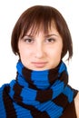 Portrait brown-eyed lady in a blue-black scarf.