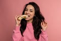 Hungry young dark-haired lady dressed in the jumper enjoying her nutritious sarnie in front of the camera. Healthy snack Royalty Free Stock Photo