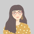 Portrait of a brunette girl with long brown hair wearing red glasses, patterned sweater and earrings, on gray background, vector Royalty Free Stock Photo