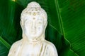 Portrait of Buddha Statue with the Fresh Green Banana Leaves in Background Surface with Free Space
