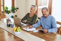 Portrait, budget and senior couple with bills, paperwork and finance documents for life insurance. Retirement, planning Royalty Free Stock Photo