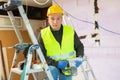 Portrait of builder handyman working with electric drill in repairable room Royalty Free Stock Photo