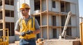 construction worker wearing safety gear while operating heavy machinery on residential site. Generative AI