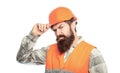 Portrait of a builder. Worker in construction uniform. Man builders, industry. Builder in hard hat, foreman or repairman