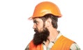 Portrait of a builder. Worker in construction uniform. Man builders, industry. Builder in hard hat, foreman or repairman Royalty Free Stock Photo