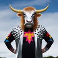 Portrait of a bull in a dress. Portrait of Bull dressed as Hip Hop king. Character Design.