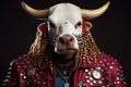 Portrait of a bull in a dress. Portrait of Bull dressed as Hip Hop king. Character Design.