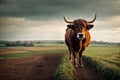 Portrait of a bull standing on a dirt road in the countryside