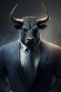 Portrait of a bull of the stock market wearing a business suit.