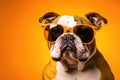 Portrait Bulldog Dog With Sunglasses Orange Background Portrait Bulldog, Sunglasses, Orange Backgrou