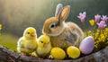 Sweet bunny with two yellow nestlings and colorful Easter eggs in front of an dark background