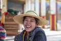 Portrait burmese girl a straw hat in local market. Inle lake, Myanmar, Burma