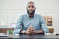 Portrait, business and black man at desk in office, startup or entrepreneur focus on planning, strategy and career