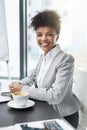 Portrait, business and black woman with coffee, accountant and financial advisor with smile and economist analyst Royalty Free Stock Photo