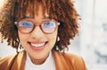 Portrait, business and black woman with glasses, confident lady and happiness for profit growth, cheerful and success