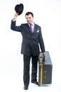 Portrait of a business man with big old suitcase Royalty Free Stock Photo