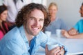 Portrait, business and man with staff, lunch and smile with coffee, happiness and teamwork. Face, male person and